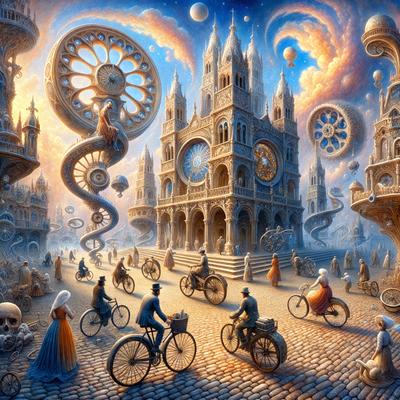 Primary subject: A group of people riding bicycles on a cobblestone street.

Setting/background: The street is surrounded by buildings, including a large castle-like structure.

Visual style: The image is a digital art piece with a surreal and whimsical atmosphere.

Colors and mood: The scene is predominantly in shades of brown, gray, and black, giving it a warm and nostalgic feel.